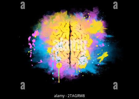 Il cervello creativo esplode con spruzzi di vernice rosa, blu e gialla su sfondo nero, concetto. Idee creative e brainstorming. Artista che pensa e.. Foto Stock