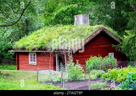 Una tradizionale casa svedese in legno annidata in una lussureggiante foresta verde Foto Stock