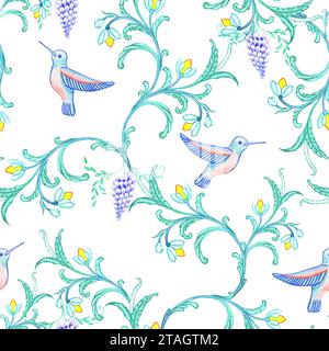 Motivo ad acquerello senza cuciture in stile folk con colibrì e fiori. Ornamento tradizionale italiano. Stile mediterraneo senza tempo. bagno turco Foto Stock