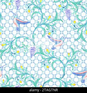 Motivo ad acquerello senza cuciture in stile folk con colibrì e fiori. Ornamento tradizionale italiano. Stile mediterraneo senza tempo. bagno turco Foto Stock