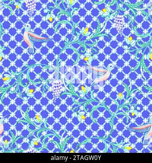 Motivo ad acquerello senza cuciture in stile folk con colibrì e fiori. Ornamento tradizionale italiano. Stile mediterraneo senza tempo. bagno turco Foto Stock