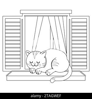 Gatto che dorme su una soglia della finestra. Simpatico gattino che dorme a casa su un davanzale. Pagina di colorazione in bianco e nero Foto Stock