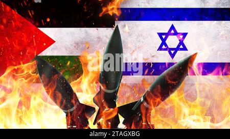 Tre missili armi razzi con fuoco, concetto. Guerra in Israele e Palestina. Conflitto armato. Bandiera di Israele e Palestina. Striscia di Gaza. Morti orribili Foto Stock