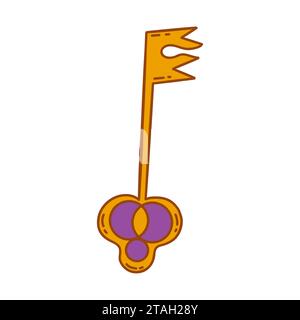 Chiave figurata in oro dal petto o dalla porta. Illustrazione vettoriale isolata colorata icona del doodle disegnata a mano art. Chiave principale filigrana Illustrazione Vettoriale