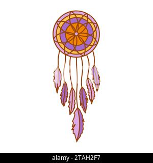 Dreamcatcher con piume e fiori. Amuleto protettivo contro insonnia e incubi. Illustrazione vettoriale colorata isolata, simbolo etnico. Mano d Illustrazione Vettoriale