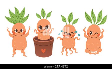 Carino set di mandrake. Piante magiche. Cartoni animati mandragora per adesivi, carte, scrapbooking. Simboli della stregoneria. Illustrazione Vettoriale
