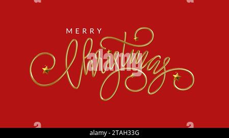 buon Natale scritto in lamina d'oro con stelle in lamina d'oro su sfondo rosso . illustratore vettoriale Illustrazione Vettoriale