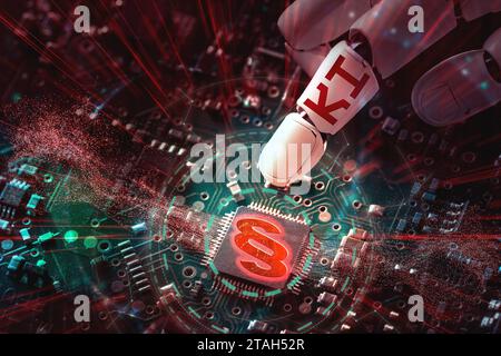 1° dicembre 2023: Giurisdizione e regole dall'uso dell'intelligenza artificiale. Un chip per computer luminoso con il simbolo di paragrafo e le dita del robot con la scritta ai PHOTOMONTAGE *** Rechtssprechung und Regeln von der Verwendung von KI - Künstlicher Intelligenz Konzept. Ein leuchtender Computerchip mit einem Paragraphensysymbol und Roboterfinger mit Schriftzug KI FOTOMONTAGE Credit: Imago/Alamy Live News Foto Stock