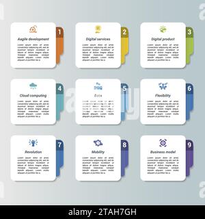 Infografica con icone a tema Amusment Park, 10 passi. Come la messa a fuoco, il carosello a catena, la ruota panoramica, il paraurti e altro ancora. Illustrazione Vettoriale