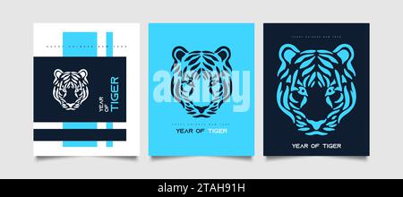 Capodanno cinese 2022 anno della Tigre. Poster o carta di Capodanno cinese con illustrazione della testa di tigre in stile moderno e futuristico Illustrazione Vettoriale