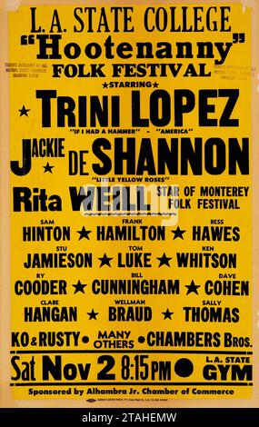 Hootenanny Folk Festival - Jackie DeShannon, Ry Cooder 1963 poster per concerti al Los Angeles Folk Festival - LA State College Foto Stock