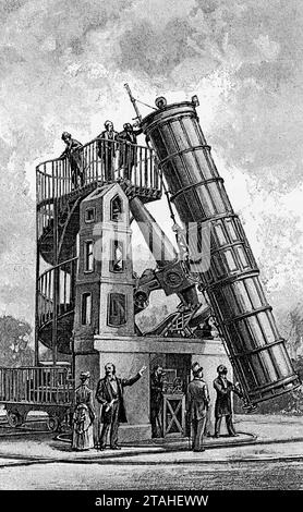 Un grande telescopio riflettente, 1889. Un telescopio riflettente è un telescopio che utilizza un singolo o una combinazione di specchi curvi che riflettono la luce e formano un'immagine. Il telescopio riflettente fu inventato nel XVII secolo da Isaac Newton come alternativa al telescopio rifrattore. Foto Stock