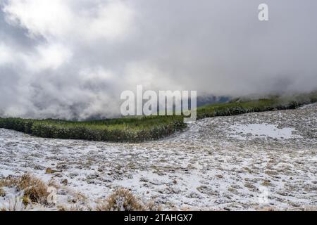 bufera di neve piena nelle montagne della sierra nevada, granada Foto Stock