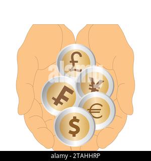 Mani umane con cinque monete diverse Illustrazione Vettoriale