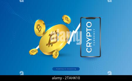 Bitcoin Cryptocurrency con smartphone e grafico della crescita. Bitcoin Crytpo su dispositivi mobili. Golden Bitcoin Symbol Illustrazione Vettoriale