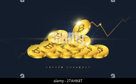 Stack di Gold Bitcoin Cryptocurrency con grafico di crescita. Sfondo valuta virtuale Illustrazione Vettoriale