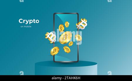 Bitcoin Cryptocurrency con pile of Golden Bitcoin esce dallo smartphone sul podio. Bitcoin Crytpo su dispositivi mobili. Sfondo valuta digitale Illustrazione Vettoriale