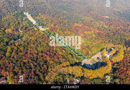 Nanning, Cina. 1 dicembre 2023. Una foto aerea mostra la colorata area panoramica del Mausoleo del Dr. Sun Yat-sen a Nanchino, provincia di Jiangsu, Cina orientale, il 20 novembre 2023. (Foto di Costfoto/NurPhoto) credito: NurPhoto SRL/Alamy Live News Foto Stock