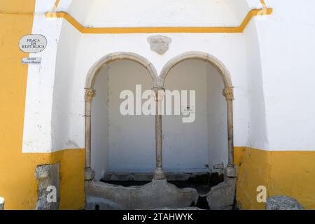 Viana do Alentejo, fontana rinascimentale di Praga da Republica. Evora, Alentejo, Portogallo. Foto Stock
