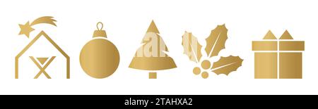 banner con icone dorate di natale: presepe, bauble, abete, bacche e confezione regalo - illustrazione vettoriale Illustrazione Vettoriale