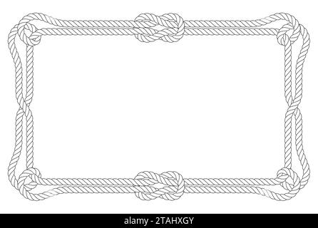 Telaio a doppia fune quadrata con anelli in angoli e nodi, bordo in stile marino, vettore Illustrazione Vettoriale