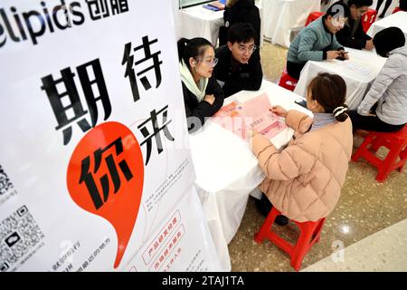 BINZHOU, CINA - 1° DICEMBRE 2023 - chi cerca lavoro cerca informazioni sull'occupazione in una fiera del lavoro per i laureati a Binzhou, nello Shandong della Cina orientale Foto Stock