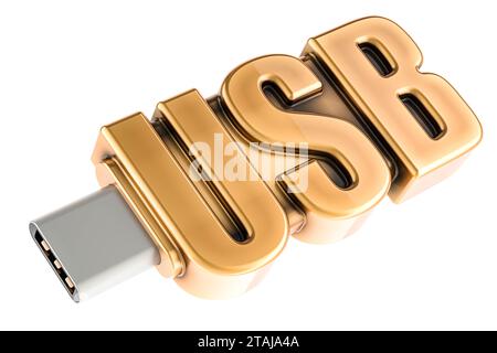 Unità flash USB dorata, rendering 3D isolato su sfondo bianco Foto Stock