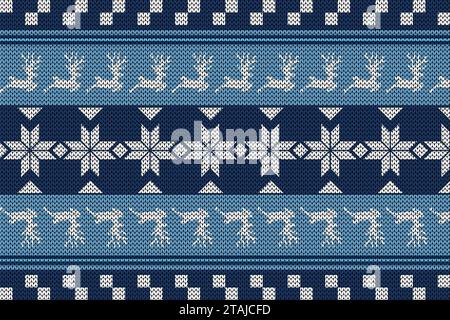 Brutto biglietto d'auguri natalizio maglione X-mas felice anno nuovo. Illustrazione vettoriale motivi di sfondo a maglia senza cuciture ornamenti scandinavi. Bianco, rosso, Foto Stock