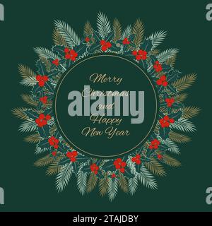 Tessera vacanza in verde tradizionale con rami di abete e holly. Natale e Capodanno. Telaio rotondo con congratulazioni. Illustrazione vettoriale. Illustrazione Vettoriale