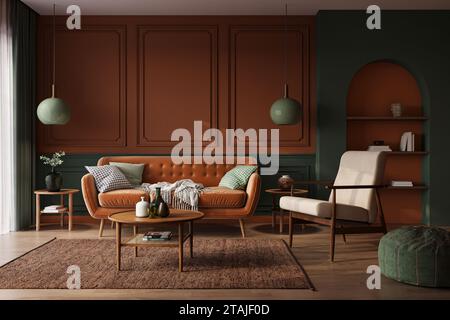 Design interno di appartamenti moderni con pareti scure colorate e divano arancione. Mockup interno Foto Stock