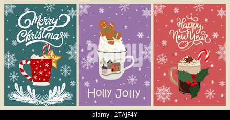 Set di buoni auguri di buon Natale e felice anno nuovo. Illustrazione Vettoriale