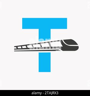Logo del treno sulla lettera T, modello vettore simbolo espresso Illustrazione Vettoriale
