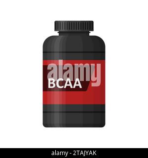Flacone BCAA isolato su sfondo bianco. Pacchetto contenitore icona nutrizione sportiva, supplementi fitness. Cibo sportivo per il bodybuilding. Vaso con supplementi Illustrazione Vettoriale
