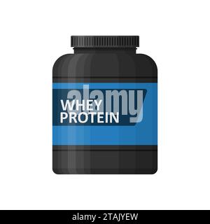 Proteina di siero di latte isolata su sfondo bianco. Pacchetto contenitore icona nutrizione sportiva, alimentazione proteica fitness. Cibo sportivo per il bodybuilding. Vaso o bottiglia Illustrazione Vettoriale