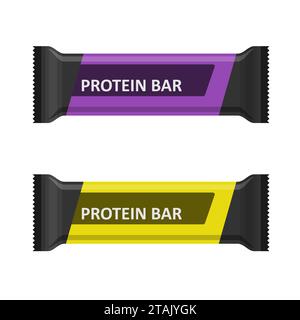 Barrette proteiche isolate su sfondo bianco, nutrizione sportiva. Barretta energetica o nutrizionale rivestita in modo piatto. Supplementi per sport e fitness. Proteine Illustrazione Vettoriale