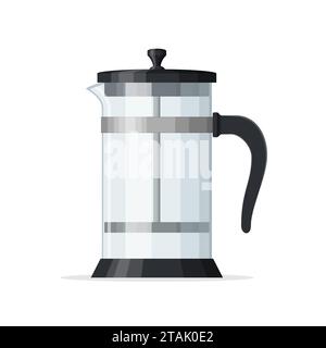 caffettiera french press isolata su sfondo bianco. Svuotare la teiera di vetro con il pistone. Macchina per il caffè e stoviglie. Il meglio per una caffetteria Illustrazione Vettoriale