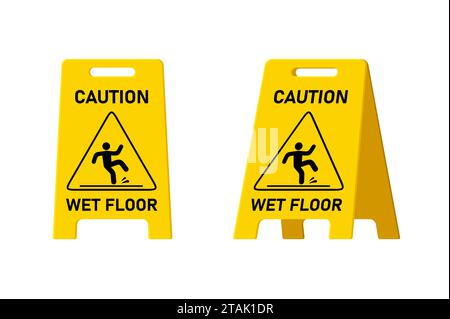 Cartello di avvertenza pavimento bagnato isolato su sfondo bianco, simbolo di avvertimento pubblico giallo clipart. Superficie scivolosa prestare attenzione all'elemento di design della scheda in plastica. Illustrazione Vettoriale