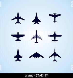 Set di icone per aerei: Aereo passeggeri, aereo da combattimento e vite su sfondo blu. Illustrazione vettoriale. Illustrazione Vettoriale