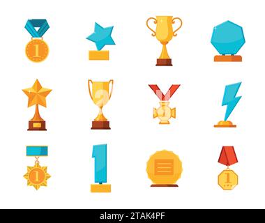 Imposta la collezione di premi vincitori dei trofei isolata su sfondo bianco. Medaglie appese, premi in vetro, coppe dorate in stile piatto. Premi e premi Illustrazione Vettoriale