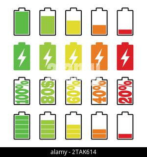 Set di indicatori del livello di carica della batteria su sfondo bianco. Icone del telefono cellulare, della carica elettrica dello smartphone, dell'energia della batteria. Illustrazione vettoriale Illustrazione Vettoriale