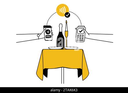 Il futuro del pagamento è il pagamento senza contatto e il pagamento senza contanti tra il commerciante del ristorante e il cliente, l'elaborazione dei pagamenti, il pagamento accettato, NFC Illustrazione Vettoriale