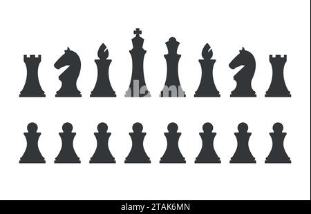 Posiziona i pezzi degli scacchi isolati su sfondo bianco. Pezzi di scacchi tra cui il re, la regina, il vescovo, il cavaliere, la torre e il pedone in stile piatto. Illustrazione Vettoriale