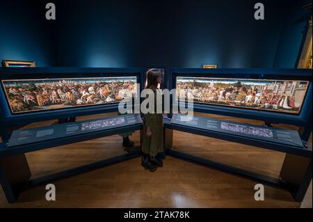 The National Gallery, Londra, Regno Unito. 1 dicembre 2023. La prima mostra di carriera dedicata al pittore rinascimentale Francesco Pesellino (circa 1422-1457) apre il 7 dicembre 2023, fino al 10 marzo 2024. Le opere includono: (l) The Story of David and Goliath (r) The Triumph of DavidThe National Gallery London. Crediti: Malcolm Park/Alamy Live News Foto Stock