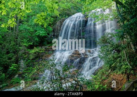 Una vista frontale della parte superiore di Glen Falls guardando attraverso gli alberi in una giornata nuvolosa in primavera nella Carolina del Nord occidentale Foto Stock