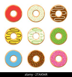 Imposta dolci ciambelle vettoriali colorate isolate su sfondo bianco. Squisiti biscotti al cioccolato, ciambelle e cibo. Collezione di ciambelle color caramelle. Smaltato Illustrazione Vettoriale