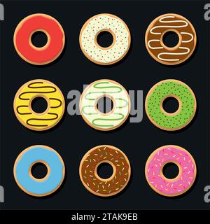 Imposta dolci ciambelle vettoriali colorate isolate su sfondo scuro. Squisiti biscotti al cioccolato, ciambelle e cibo. Collezione di ciambelle color caramelle. Smaltato Illustrazione Vettoriale