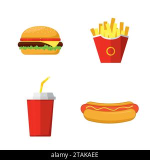 Pranzo a menu fisso con hamburger, hot dog, patatine fritte e soda. Gruppo di prodotti fast food. Illustrazione vettoriale Illustrazione Vettoriale