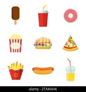 Set di icone colorate del Fast food isolate su sfondo bianco. Cena con hamburger fast food e ristorante, gustoso pasto veloce e malsano Illustrazione Vettoriale