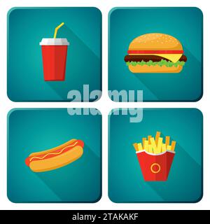 Pranzo a menu fisso con hamburger, hot dog, patatine fritte e soda. Gruppo di prodotti fast food. Design piatto. Illustrazione vettoriale Illustrazione Vettoriale