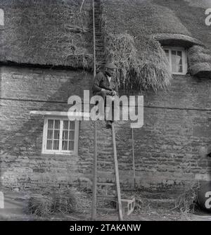 Anni '1960, storico, a metà strada lungo il lato di un grande cottage di campagna, un thatcher seduto su un gradino della sua scala che si prendeva una pausa, Inghilterra, Regno Unito Foto Stock